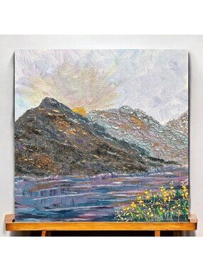 Mountain Majesty 6" X 6" Acrylic Painting With Sunrise Lake & Wildflowers